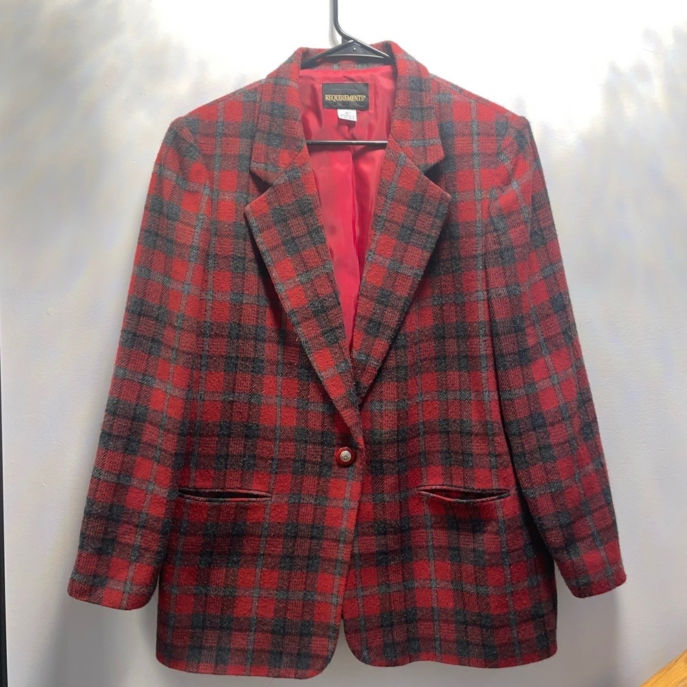 Requiremtn Red & Gray Plaid Wool Blend Womens Blazer Jacket By Size 16